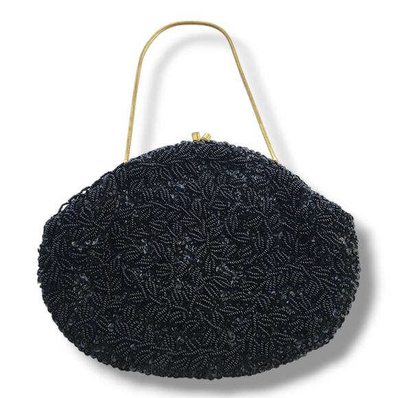 All Over Beaded Clutch Evening Bag Black Satin Vintage Handmade In Hong Kong - Picture 1 of 10